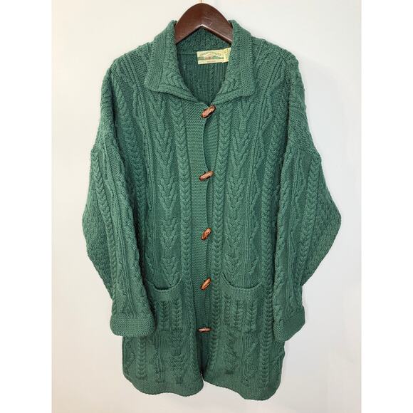 Aran Crafts Merino Wool Green Cable Knit Fisherman Ireland Cardigan Women's XL - Picture 1 of 11